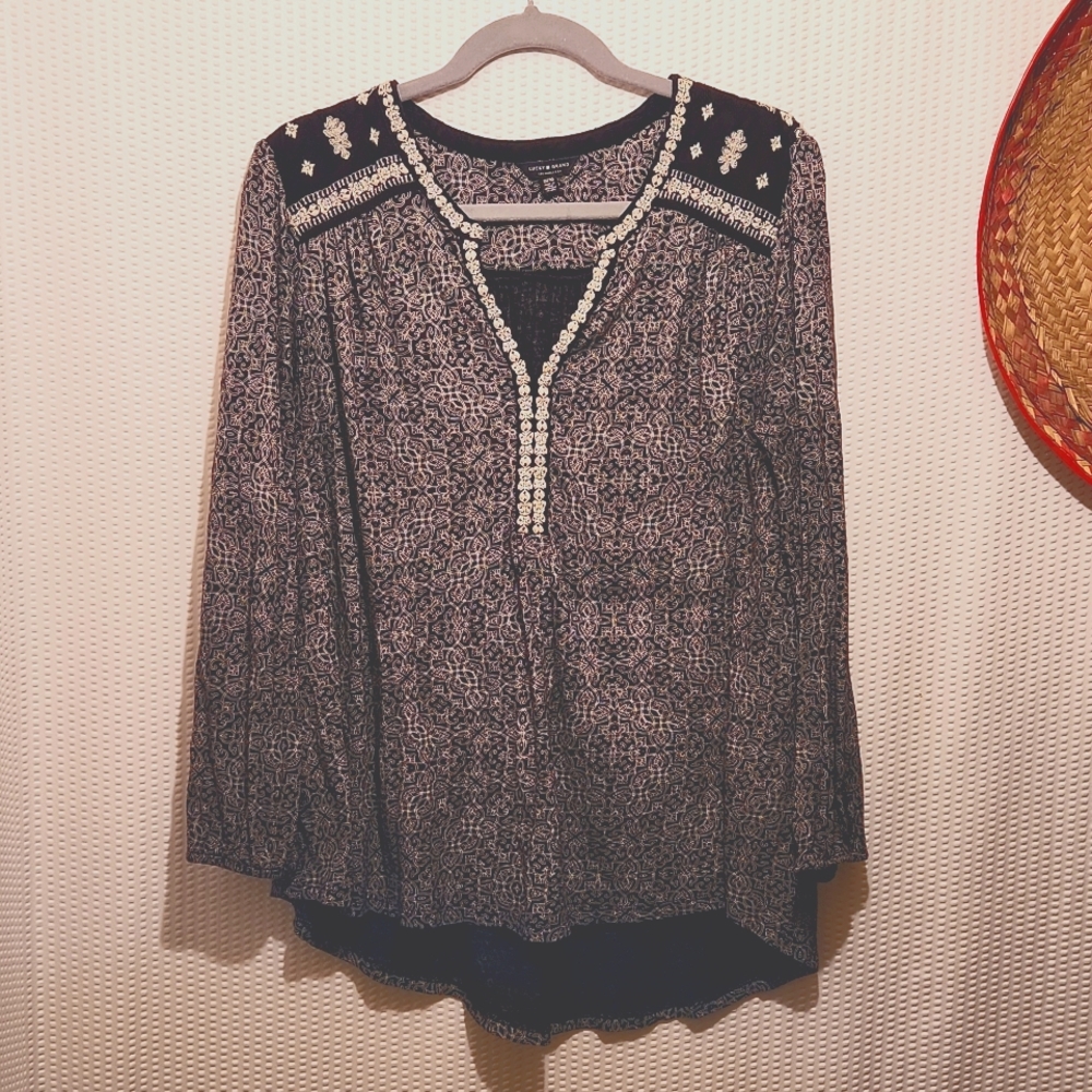 Lucky Brand Womens Popover Top Cotton Modal Blend Black & Cream HiLo Size 1X